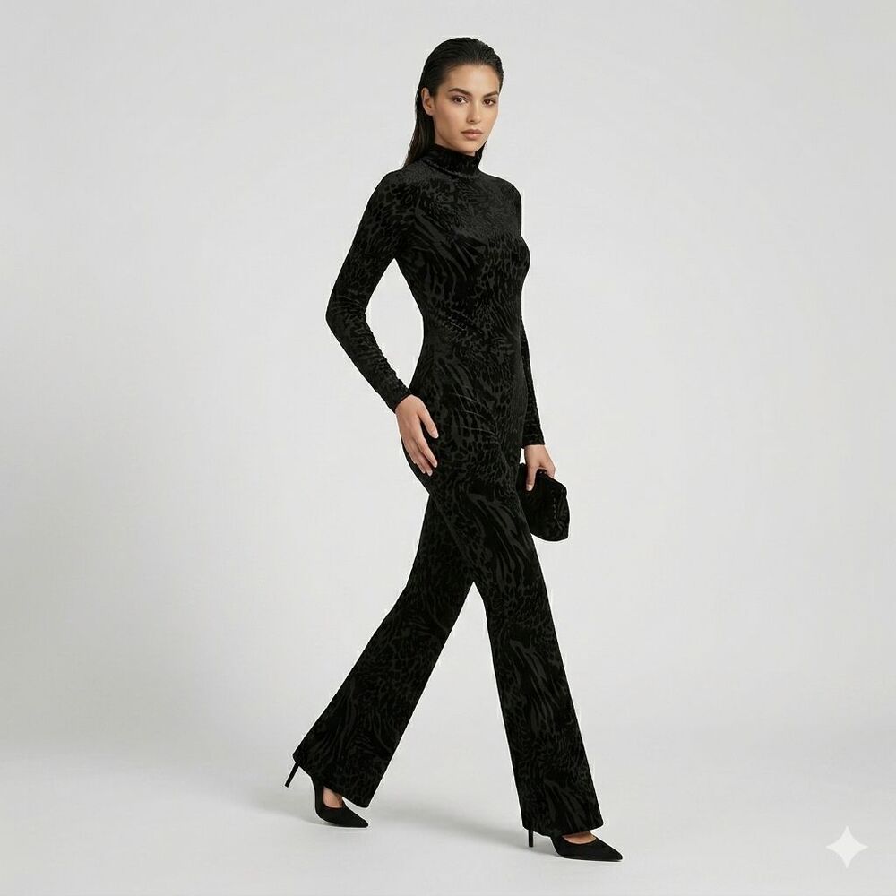 Naked Wardrobe Black Animal Print Burnout Velvet Mock Neck Goth Chic Jumpsuit XS